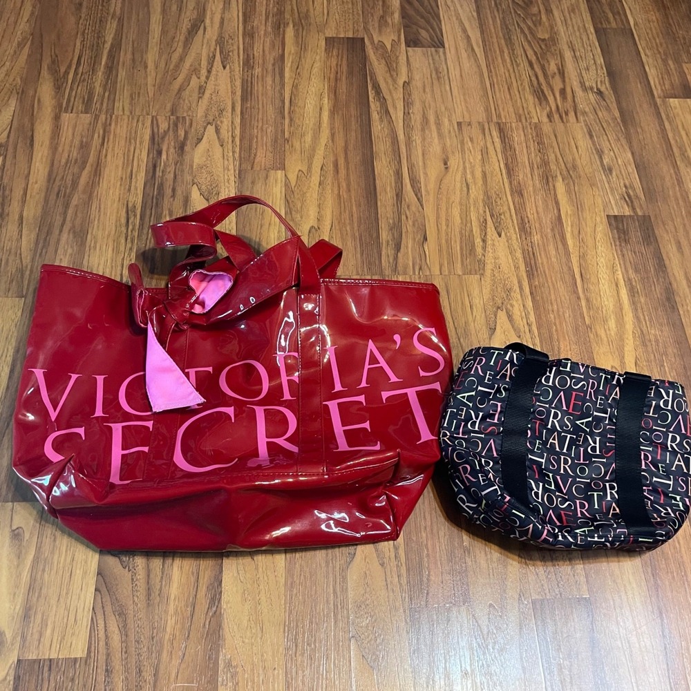 Victoria's Secret Tote Bag Lot Red Patent Glossy Black Nylon Logo Print 2pc Set